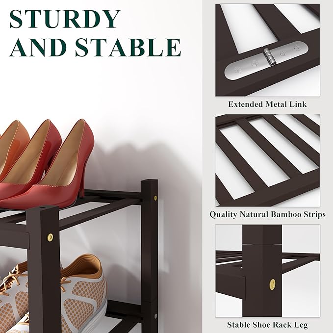 Smiry Shoe Rack, 4 Tier Long Bamboo Shoe Organizer, Stackable Free Standing Wooden Shoe Storage Shelf for Closet, Entryway, Front Door Entrance, Brown