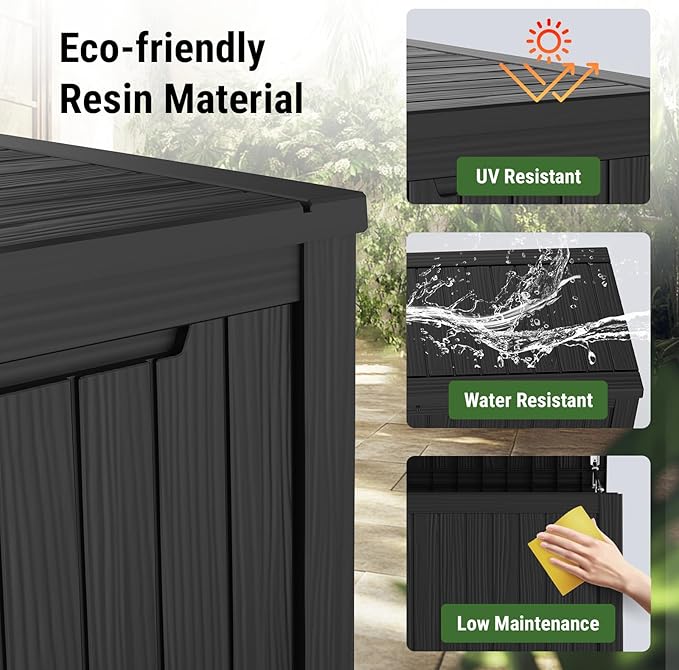 Mars Villa 119 Gallon Outdoor Storage Box, Large Resin Deck Box Waterproof, Storage Bin for Outside Patio Furniture Cushions, Pool Supplies, with Hydraulic Hinge, UV Resistant and Weatherproof, Black
