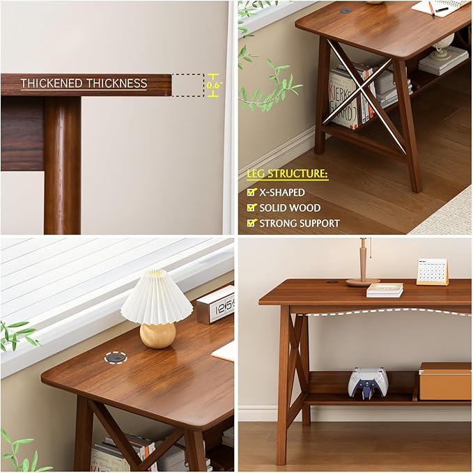 Extra Long Desk with Bookshelf - Wooden Home Office Work Study Table, Writing Computer Workstation with Storage Shelf in Oak, 55" Wx20 Dx30 H