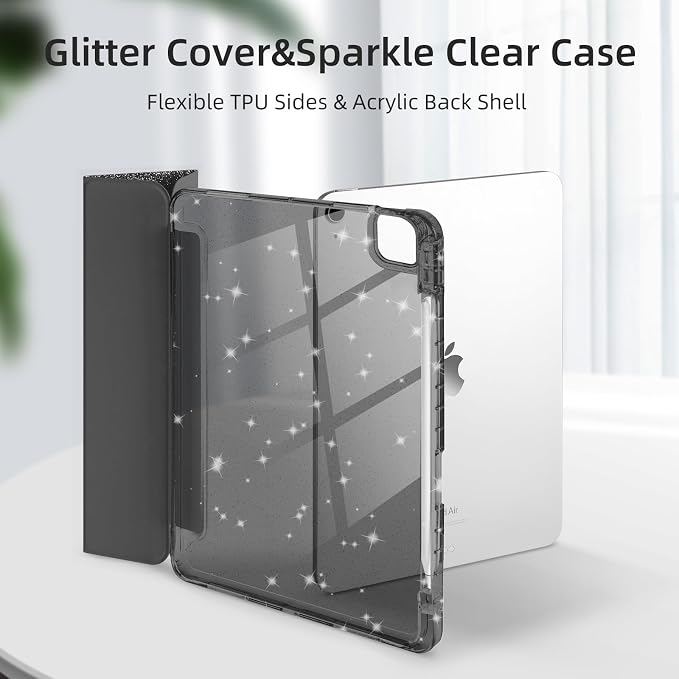 Case for iPad Air 13 Inch (M4/M3/M2 2026/2025/2024) &amp iPad Pro 12.9 6/5th Gen (2022/2021) Glittering Sparkly Cover with Shiny Clear Back Shell Trifold Stand Case with Pencil Holder Black