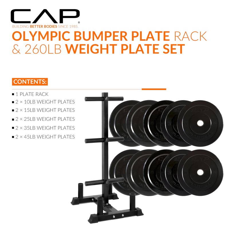 CAP 260 lb Elite Olympic Bumper Plate Set with Storage Rack, 2-Inch Olympic Plates, Medium Bounce Rubber Weight Plates with Stainless Steel Hub, 6 Weight Posts & 4 Barbell Holders for Weightlifting, Strength Training & Home Gym Workouts