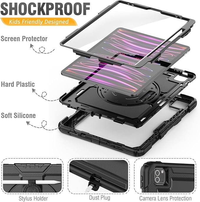 HXCASEAC Case for iPad Pro 12.9 Case (6th 5th 4th 3rd Generation) Shockproof Design | Pencil Holder | Hand Strap | Screen Protector | Heavy Duty Protective iPad 12.9 inch 2022/2021/2020/2018 - Black