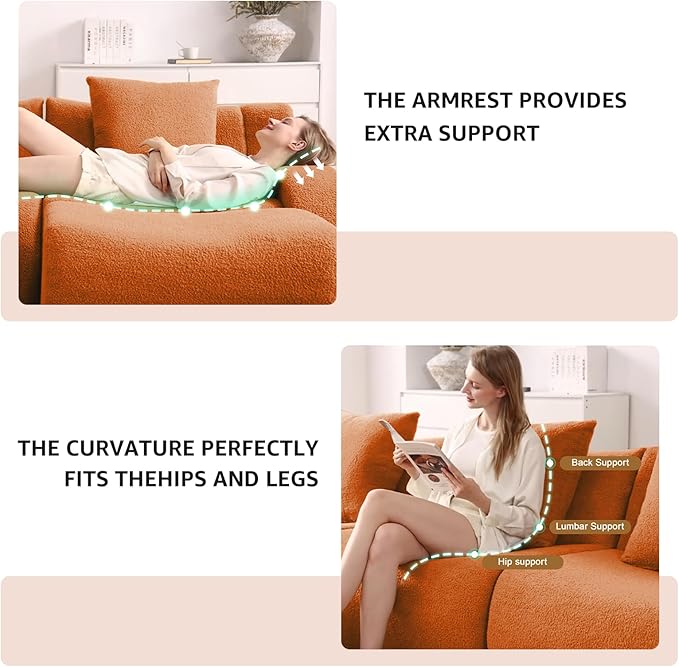 Orange L-Shaped Cloud Couch with 1 Ottoman, Modern Teddy Fabric Boneless Sectional Sofa in a Box, Modular Floor Sofa for Living Room, Deep Seat, No Assembly Required, Sofas para Sala
