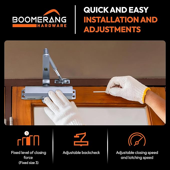 Boomerang Medium Duty Automatic Commercial Door Closer - D703 Hydraulic UL 3 hr. Fire Rated Closer, Surface-Mounted Size 3 for Home & Light Commercial Doors, Aluminum/Silver (US26D)