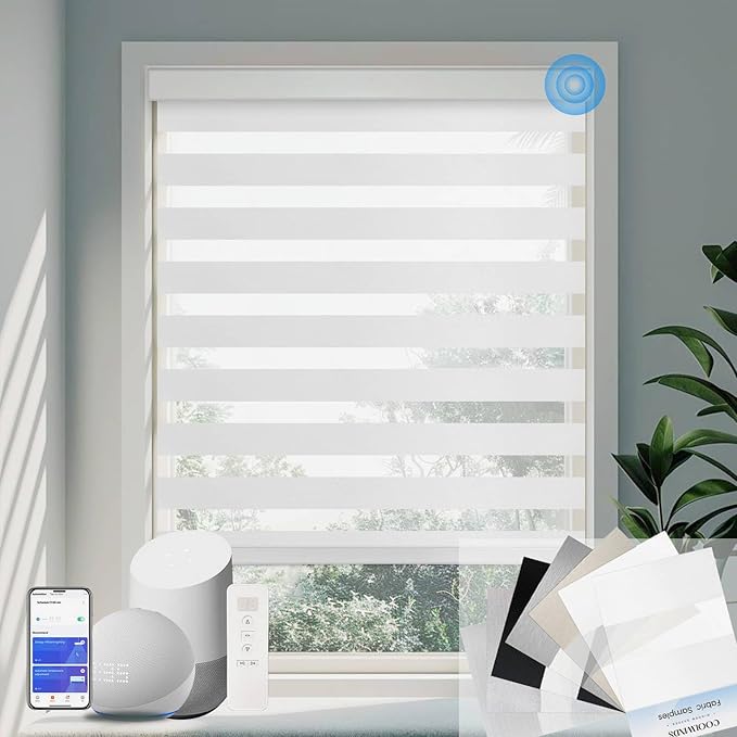 COOLWINDS Motorized Zebra Blinds for Windows Cordless Electric Curtains with Remote Control Blackout Shades Custom Smart Blinds Compatible with Alexa Google Home?Febric Color Swatches?