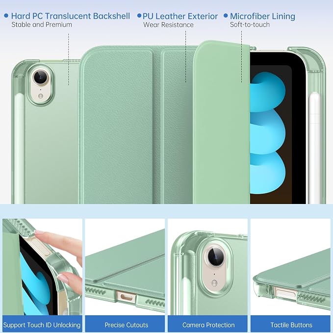 MoKo for iPad mini A17 Pro Case 8.3 Inch 2024 iPad mini 7th/6th Case 2021 | For iPad Mini Case with Pencil Holder Light Trifold Smart Protective Cover with Hard PC Translucent Back Shell Agave Gree