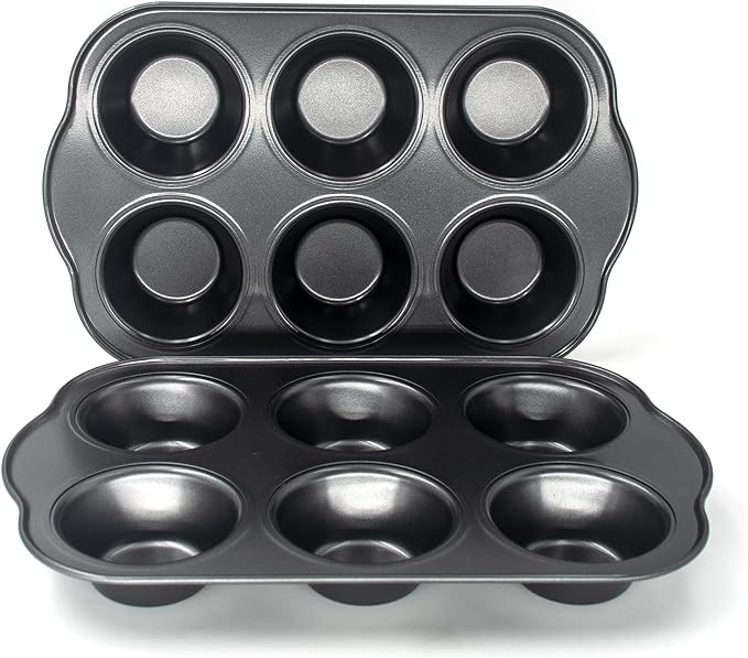 Bakexcel Non-Stick Standard Muffin Pans, 2.95" 6-Cup Set of 2 Baking Pans, Heavy Duty Carbon Steel Tins for Standard Muffins & Cupcakes