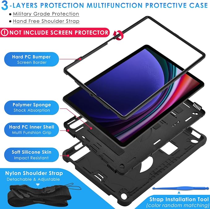 DETUOSI Case for Samsung Galaxy Tab S10 Lite / S10 FE / S9 FE 10.9-Inch with S Pen Holder + Shoulder Strap3-Layer Hybrid Heavy Duty Full-Body Shockproof4-Angle Viewing Protective Cover