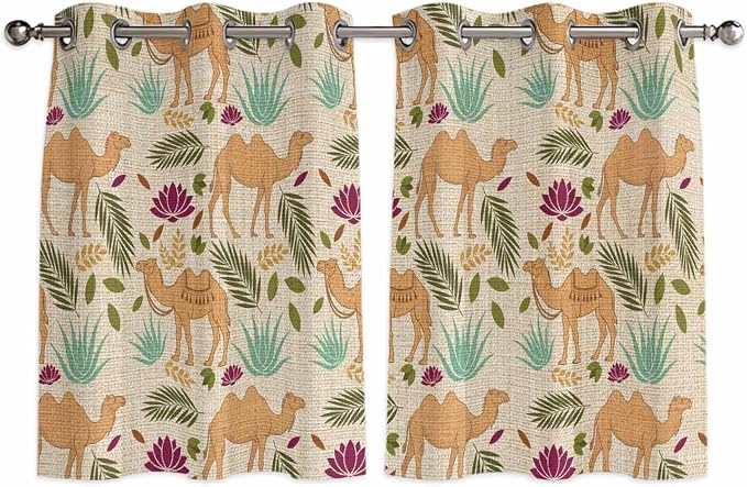 2 Panel Kitchen Cafe Curtains, Desert Camels Sunlight Filtering Nature Air