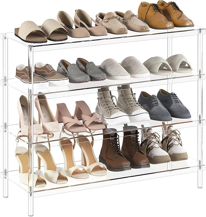 Aquiver 4 Tier Acrylic Shoe Rack for Closet - Wide Shoe Rack - Entryway Shoe Organizer for 16-20 Pairs of Shoes, Easy to Clean, 32.3'' L x 11.8'' W x 28.4'' H