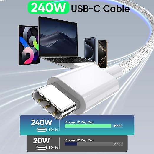USB C to USB C 240W USB C Cable 2-Pack 10ft C to C Cable Fast Charging for MacBook Pro/MacBook Air iPad Pro/iPad Air iPhone 16 15 Pro Max Plus Samsung GalaxyCompatible 140W/100W/65W/45W/35W/20W