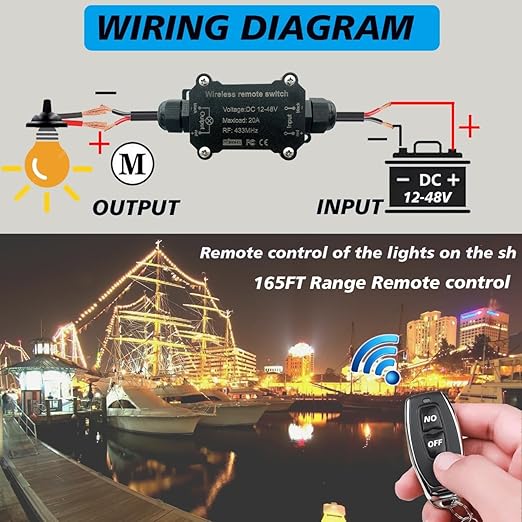 URANT Remote Control Switch,Waterproof Switch DC 12/24/48 Volts 20A,Wireless 433 MHz Transmitter-Receiver Kit,164 Ft Long-Distance Control,Suitable for Water Pumps,Lights,Fans,Vacuum Cleaners