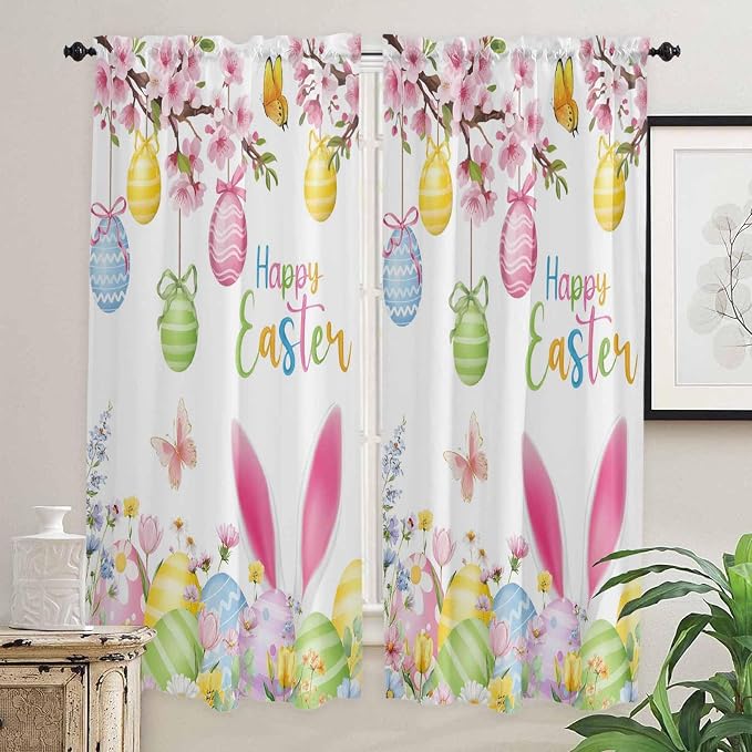 Happy Easter Living Room Curtains 72 Inches length, Spring Watercolor Bunny