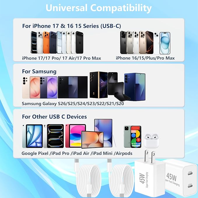45W Dual USB-C Fast Charger 2-Pack &amp 4 Extra Long Cables for iPhone/Samsung | 4 Extra Long Type C to C Cables (3/6/10/10FT). Fits iPhone 17/16/15 Pro Max Galaxy S25/S24 Ultra iPad &amp Pixel