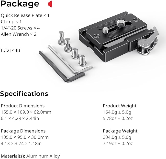 SMALLRIG Universal Quick Release Mount Plate Kit for Arca-Type, Built in Clamp and Plate, with 1/4''-20 & 3/8''-16 Threaded Holes- 2144B