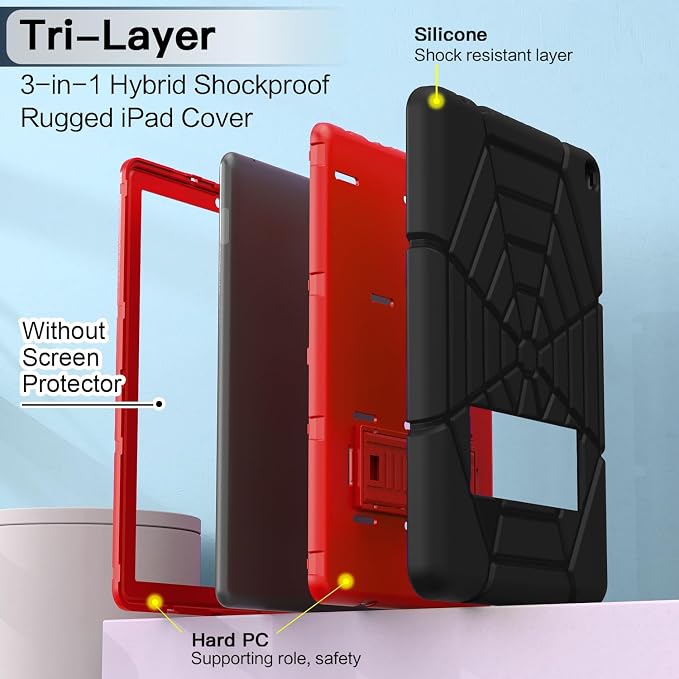 Grifobes (for 13th/11th Generation 2023/2021 Release) Tablet 10/10 Plus Tablet 10 Kids/Kids Pro 3-in-1 Heavy Duty Shockproof Rugged Protective Cover with Stand (Black+Red+Red)