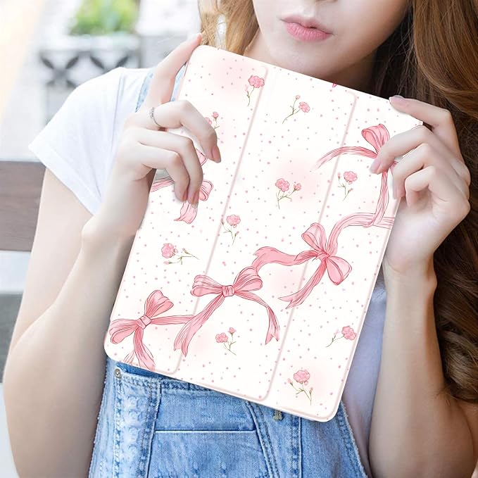JOYLAND Pink Bow Compatible with iPad 6th/5th Generation (2018 2017 Model 9.7 Inch)iPad Air 2/Air 1 (9.7 Inch) with Pencil Holder-Trifold Stand Protective Cover with Soft TPU BackBlack