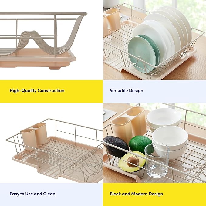 Sweet Home Collection Space-Saving 3-Piece Dish Drainer Rack Set: Efficient Kitchen Organizer for Quick Drying and Storage - Includes Cutlery Holder and Drainboard - Maximize Countertop Space, Beige