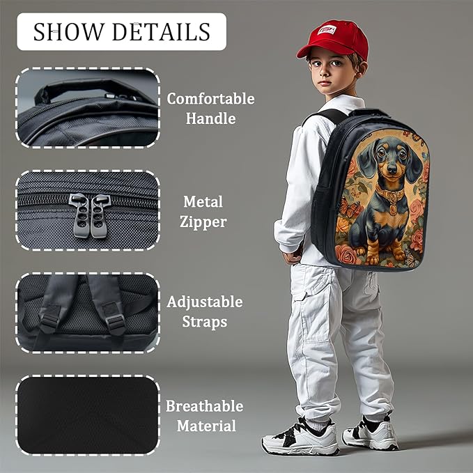Cute Dachshund Backpack Set 3 Piece School Bags and Lunch Box with Pencil Case Funny Flower Dog Animal Bookbag Set for Toddler Kids Girls Boys Teens Kindergarten Elementary Middle