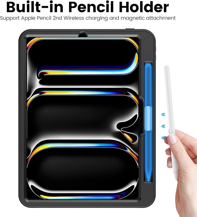 for iPad Pro 11 inch Protective Case M5 2025/M4 2024: Heavy Duty Shockproof Case with Pencil Holder - 360°Rotating Handle/Stand - Screen Protector - Shoulder Strap Black/Sky Blue