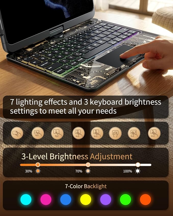 360°Rotation Bluetooth Keyboard Case for iPad 11th Gen（A16）10th 10.9 inch | iPad keyboard case 11/10th generationTouchpadKeyboard Battery Level Visualization360° rotateand 180° flip7-color backlit