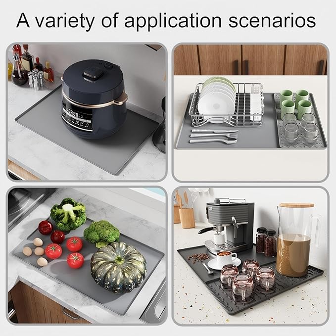 Seoodn Silicone Coffee Mat, 24''x16' with Removable Dry Drying Pad - Fits Coffee Maker and Kitchen Station Mat Accessories, Under Dish Handle; black