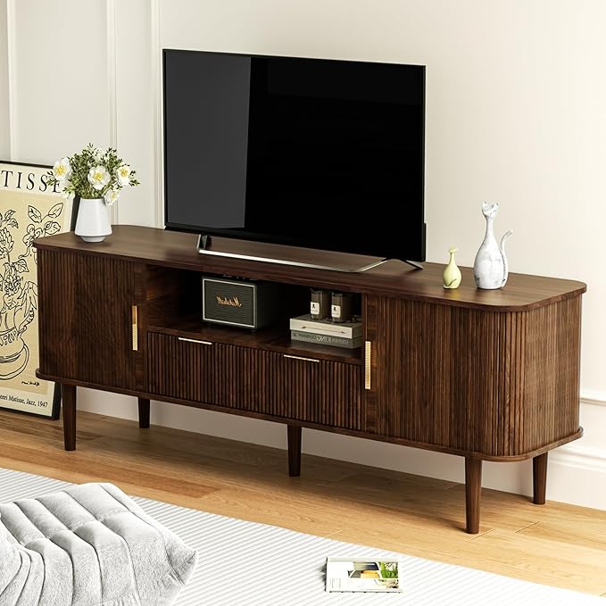 DAMCROP 62.4 Inch Fluted TV Stand, Modern Media Console Table with Sliding Tambour Door Farmhouse Sideboard Buffet Cabinet Fits TVs up to 75 inch, Wood Entertainment Center for Living Room(Dark Wood)