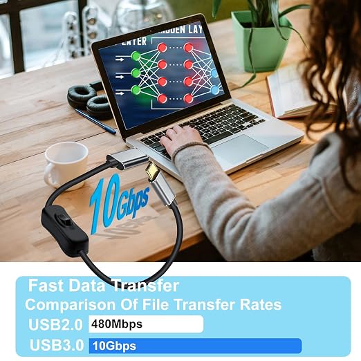 10Gbps USB C Cable with Switch USB 3.0 High Speed Data Transfer Cable with Gold Plated Plug 60W 3A for Laptops PC Phone Car (Black 1.6FT / 0.5 m)