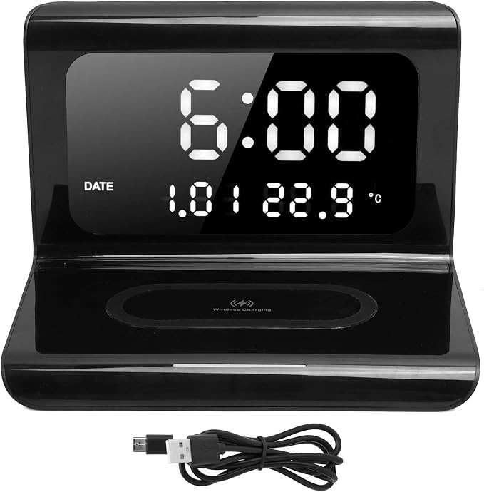 Wireless Charging Station MultiFunctional Charger Stand with Alarm Clock Calendar Phone Wireless Automatic Matching Charger for Bedrooms (Black)