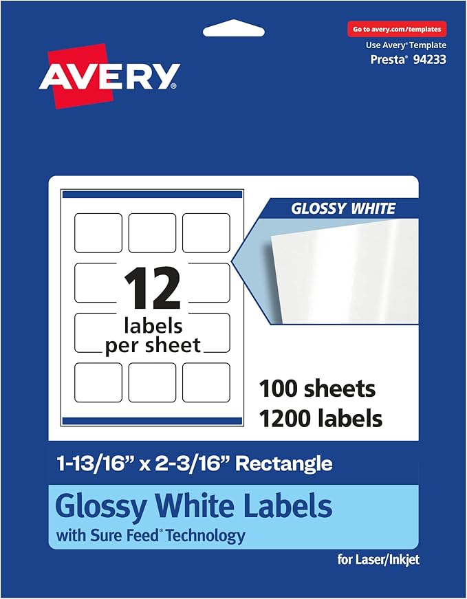 Avery Glossy White Rectangle Labels, Sure Feed Technology, 1-13/16" x 2-3/16", 1,200 Glossy White Labels, Print-to-The-Edge, Permanent Adhesive, Laser/Inkjet Printable