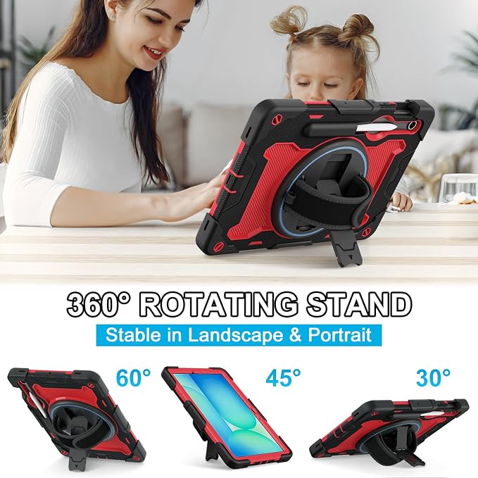 Galaxy Tab S10 Lite/S10 FE/S9 FE 5G/S9 Case 10.9/11 inch | with Screen Protector 360° Rotating Kickstand Hand/Shoulder Strap Heavy Duty Shockproof Cover S Pen Holder Kids Friendly