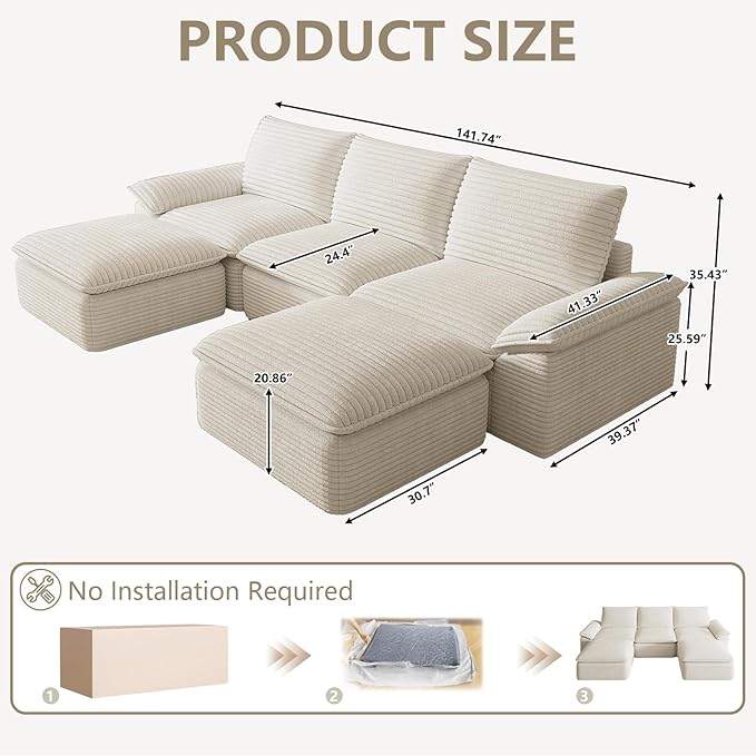 111" Cloud Sectional Couch with U-Shaped Chaise, Corduroy Sectional Sofa with Ottoman, Boneless Couch with Deep Seat in a Box for Living Room, No Assembly Required (White)