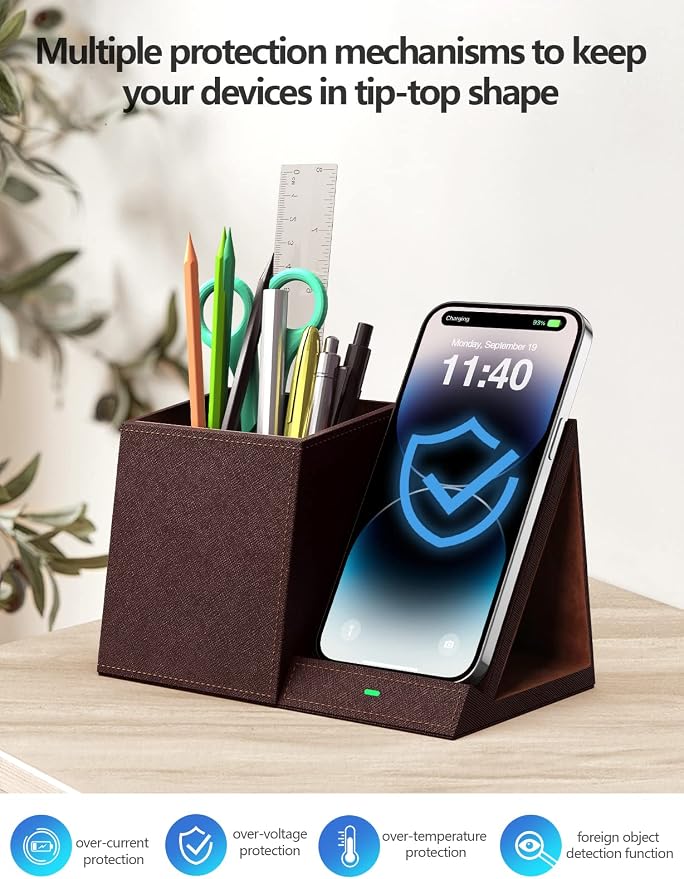 Bamboo Pen Holder for Desk &amp Nightstand Organizer with Fast Wireless Charging for iPhone Samsung &amp More – Office Desk Accessories for Men/Women (Bamboo)