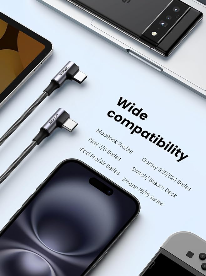 UGREEN 100W Right Angle USB C Cable 90° Ends Fast Charging 10ft | Both ends 90° for gaming &amp bedside. For iPhone 17/16/15 MacBook Galaxy S26/S25/S24 Pixel 10 iPad Switch