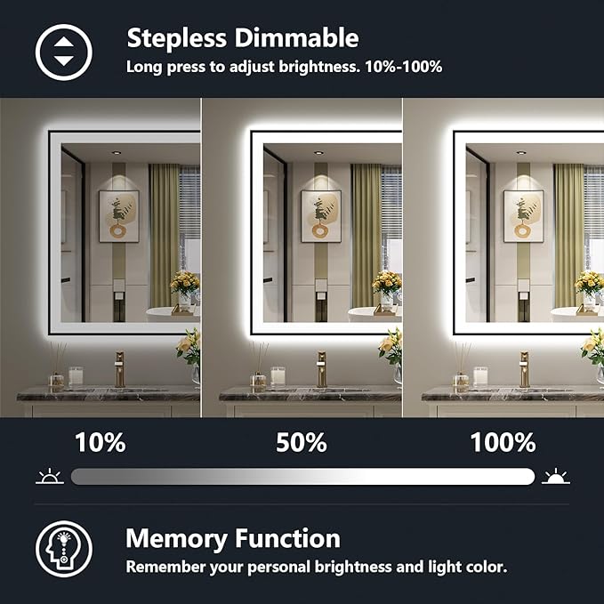 YEELAIT 48x32 Inch LED Bathroom Mirror with Lights (Front Lit and Backlit) Black Framed Lighted Vanity Mirror for Bathroom Wall Dimmable Anti-Fog Memory Tempered Glass Horizontal/Vertical
