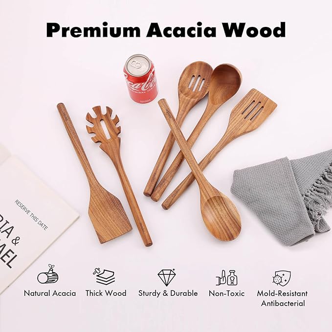 Round Handle Utensils Set - Handmade Acacia Wood Spoons for Cooking, 6 PCS