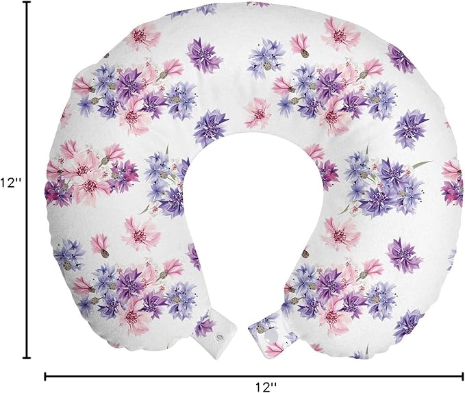 Ambesonne Watercolor Travel Pillow Neck Rest, Floral Pattern with Wedding Inspired Blossoming Nature Bridal Bouquet, Memory Foam Traveling Accessory for Airplane and Car, 12", Lavender Lilac