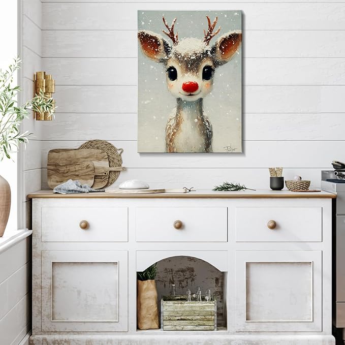 Funny Red Nose Deer Christmas Canvas Wall Art - Whimsical Framed Winter Wall Art for Living Room & Office, Cute Christmas Wall Decor with Wood Frame, Playful Christmas Gifts & Cozy Winter Decor