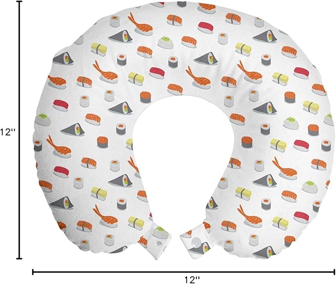 Ambesonne Sushi Travel Pillow Neck Rest, Traditional Japanese Dishes Concept Veggie Stuffed Sushi Rolls and Cavier Pattern, Memory Foam Traveling Accessory for Airplane and Car, 12", Orange Grey