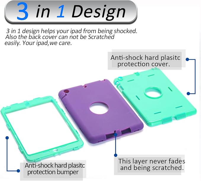 MAKEIT CASE for iPad mini Case for iPad mini 2 3 Case 3in1 Hybrid Shockproof Case for iPad mini 1/2/ 3 (Dark Blue/Fluorescent Green)
