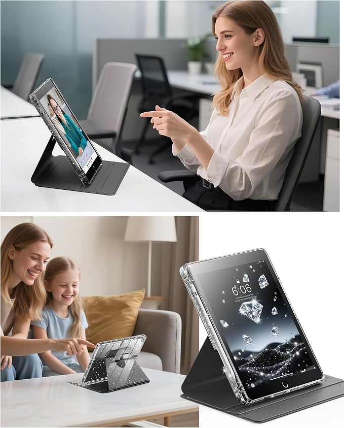 INFILAND Rotating Case for iPad 6th / 5th Generation (2018/2017) iPad 9.7 Inch Case iPad Air 2 / iPad Air 1 360 Rotating Cute Glitter Cover with Clear Back Pencil Holder (Black)