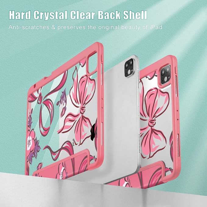 Mektron Case for iPad Pro 11 inch Case M2 2022 Generation 4th Fit 2021 2020 2018 iPad Pro 11 (3rd 2nd &amp 1st Gen) -Buit in Pencil Holder with Shockproof Cover Clear Shell Blue Bows &amp Flower