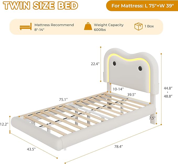 Twin Size Floating Bed Frame with LED Lights, Velvet Upholstered Headboard Bed Frame for Kids/Girls, Rounded Corners, Charging Station, No Box Spring Needed, White