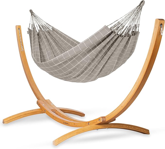 LA SIESTA® - XL King Brisa Classic Hammock & Elipso Stand - Larch Wood Hammock Stand - Weather & Tear Resistant - Backyard Outdoor Hammock with Stand - Family Hammock and Stand - Max 440 Lbs, Almond