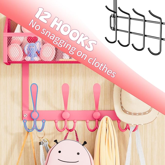 Kaiferty Over The Door Hooks Organizer, Coat Rack Over The Door Storage Hanger Towel Rack, Back of Door Storage Organizer for Bathroom,Bedroom,Kitchen,Office (Pink, 2-Tier)
