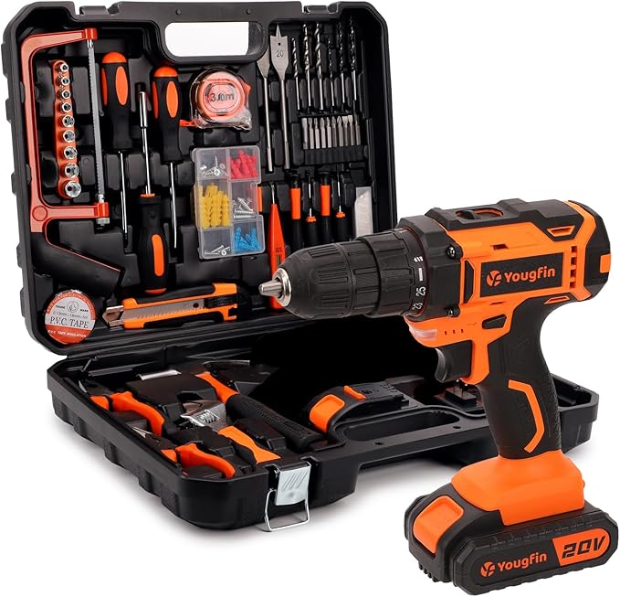 Tool Kit with Drill, Yougfin 20V Cordless Power Drill with 2 Batteries & Charger Drill Sets Combo Kit for Men 114 pcs Household Hand Tools for Home Apartment Dorm Repair