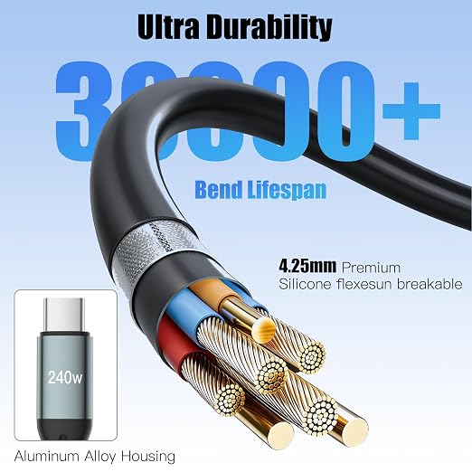 240W Coiled USB-C to USB-C Cable CarPlay &amp Android Auto Car Data Cord | Black 6.2FT retractable cable 240W fast charge works with iPhone 15-17 Galaxy Pixel 8/9 for CarPlay &amp Android Auto