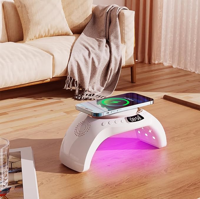 5 in 1 mutifunction Mobile Wireless Charger with Bluetooth Speaker UV Nail Lights Clock AlarmNight Light