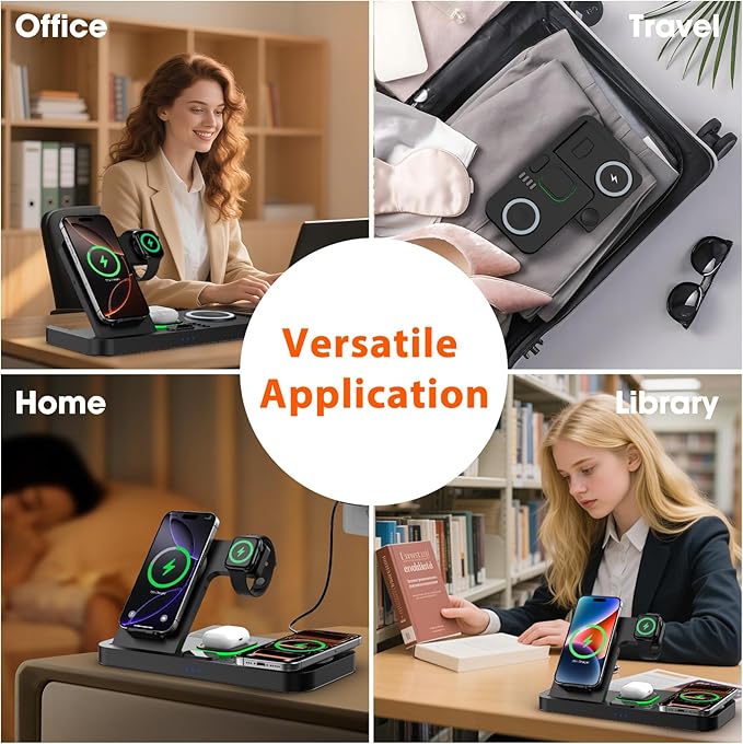 Dual Phone Magnetic Wireless Charging Station for Apple Devices/Apple Ecosystem,with Auto-Switch 7-Color Light & Clock, Compatible with iPhone 17/16/15, for iWatch 11/10/9 & AirPods Pro3（Black