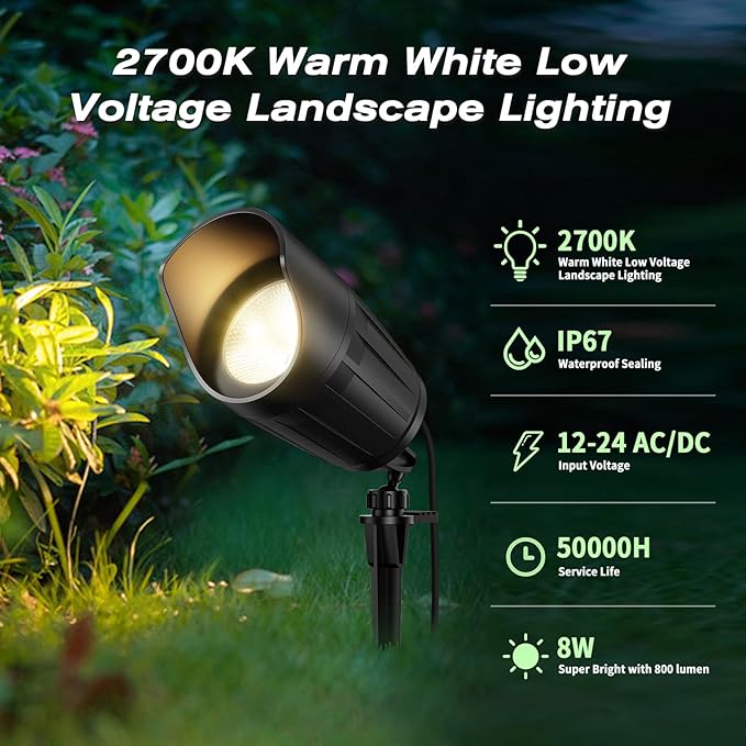 Low Voltage Landscape Lighting, 8W 800LM LED Landscape Lights with Connectors for Tree Garden Yard Pathway | 12V 24V Warm White 2700K Spotlights | IP67 Waterproof | 4 Pack